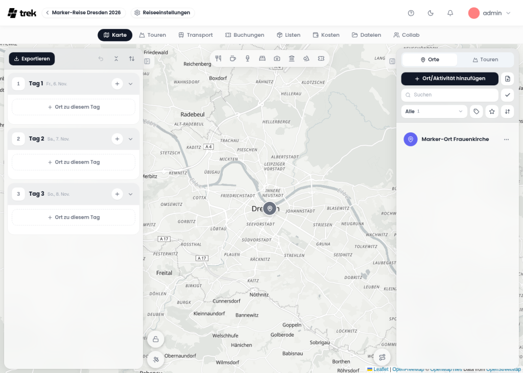 Reiseansicht in TREK mit Tagesplan links, Karte von Dresden in der Mitte und dem Marker-Ort Frauenkirche in der Ortsliste rechts