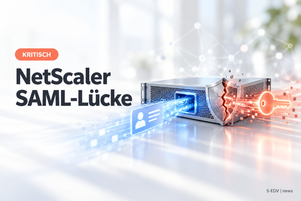 Hero-Grafik mit der Überschrift NetScaler SAML-Lücke, Badge Kritisch und einer Gateway-Appliance mit gebrochenem Schutzschild
