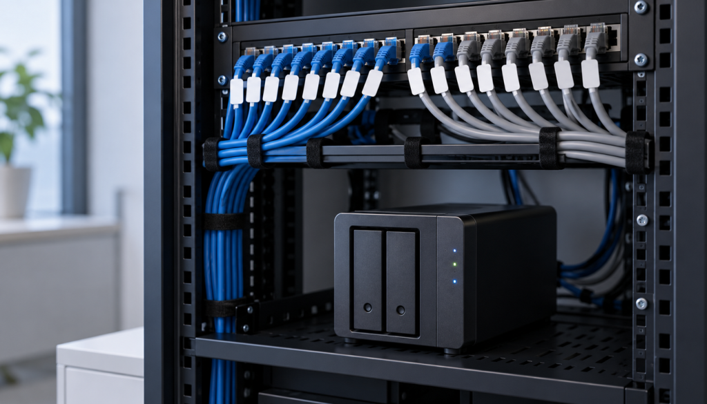 Serverschrank mit blauen und grauen Netzwerkkabeln, darunter ein schwarzes NAS mit zwei Laufwerksschächten