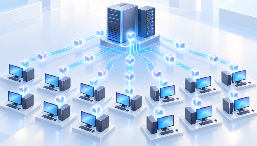 Zentraler Server verteilt über leuchtende Leitungen Datenpakete an viele vernetzte Arbeitsplatzrechner