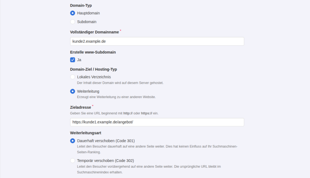 KeyHelp-Formular Domain hinzufügen mit Domain-Ziel Weiterleitung, Zieladresse https://kunde1.example.de/angebot/ und Weiterleitungsart 301