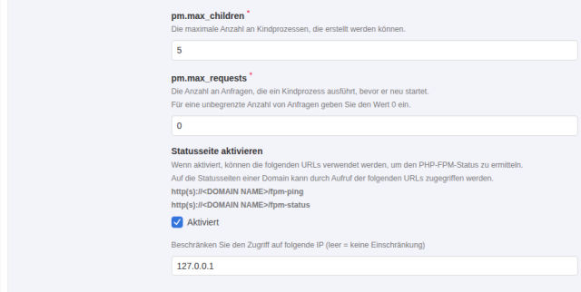 KeyHelp-Reiter PHP-FPM mit pm.max_children 5, pm.max_requests 0, aktivierter Statusseite und IP-Beschränkung auf 127.0.0.1