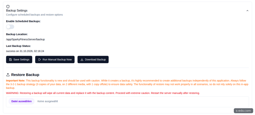 Backup Settings in der Admin-Oberfläche von SparkyFitness mit manuellem Backup und Restore