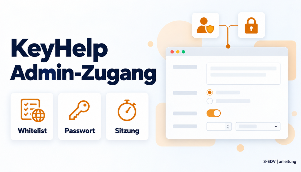Illustration eines Hosting-Panels mit der Überschrift Admin-Zugang und den Karten Whitelist, Passwort, Sitzung