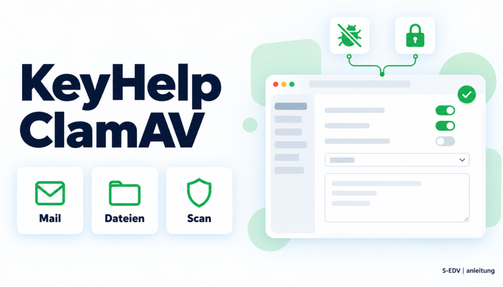 Illustration eines Hosting-Panels mit der Überschrift KeyHelp ClamAV und den Karten Mail, Dateien, Scan