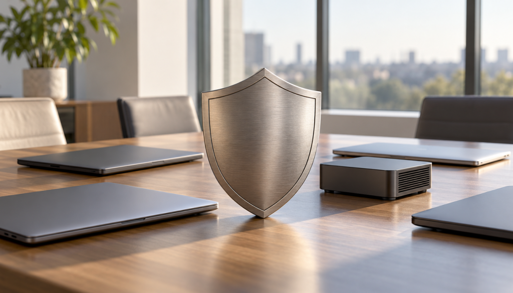 Silbernes Metallschild auf Konferenztisch zwischen zugeklappten Laptops und einem kleinen Mini PC im sonnigen Büro