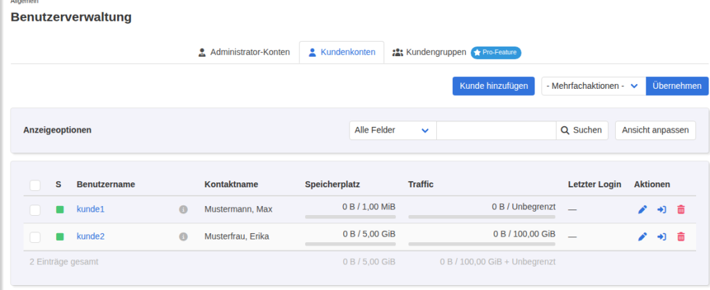 KeyHelp-Benutzerverwaltung, Reiter Kundenkonten mit kunde1 und kunde2, Speicherplatz und Traffic je Kunde sowie Summe