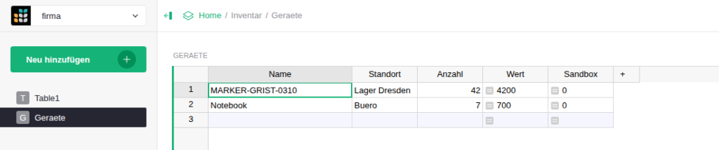 Grist-Tabelle Geraete mit Markerzeile und zwei Formelspalten