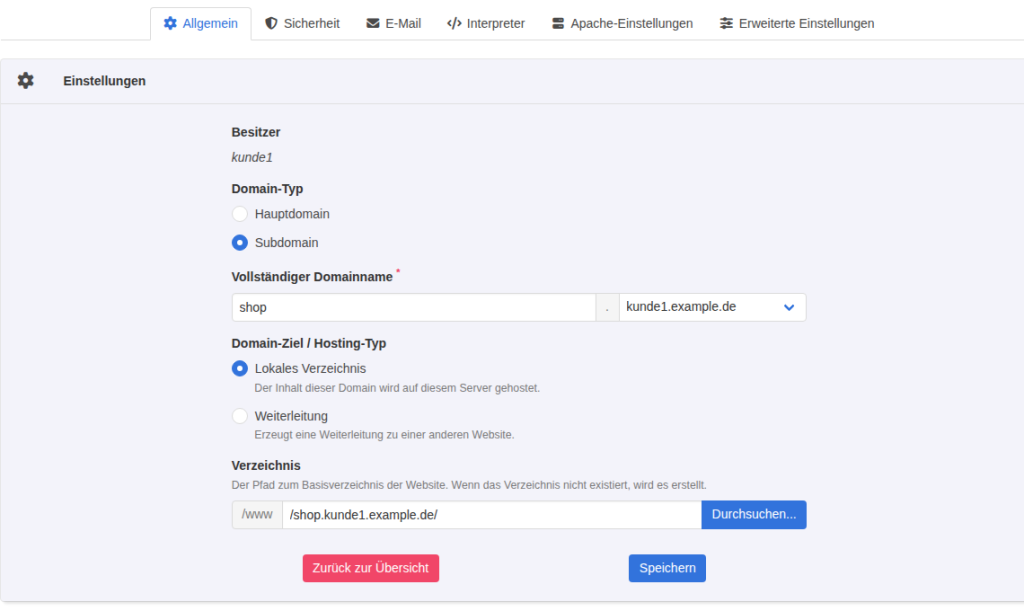 KeyHelp-Formular Domain hinzufügen mit Domain-Typ Subdomain, Name shop unter kunde1.example.de und vorgeschlagenem Verzeichnis /shop.kunde1.example.de/