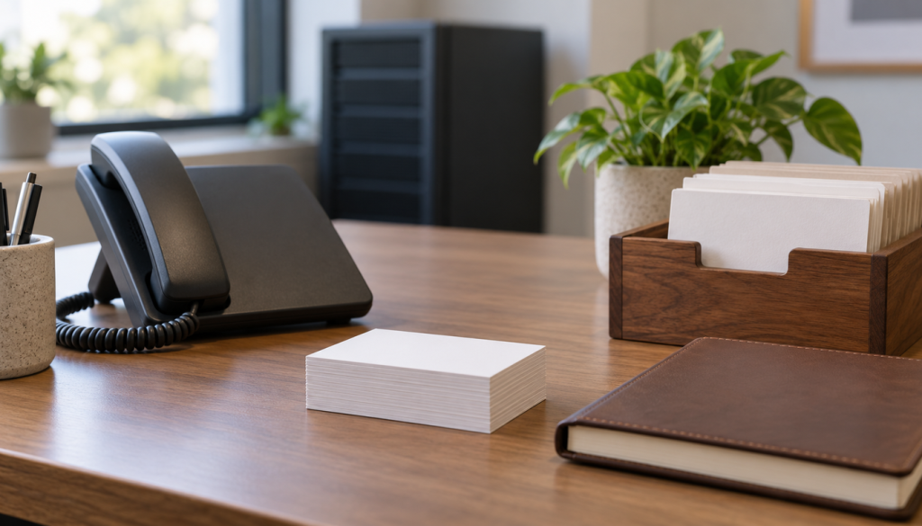 Aufgeräumter Büroschreibtisch mit Telefon, leeren Karteikarten in einem Holzkasten und Ledernotizbuch