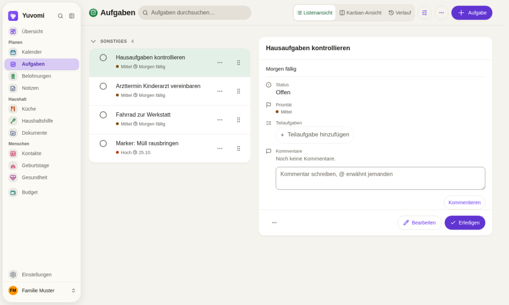 Aufgabenliste in Yuvomi mit vier offenen Aufgaben und geöffneter Detailansicht mit Status, Priorität und Kommentaren