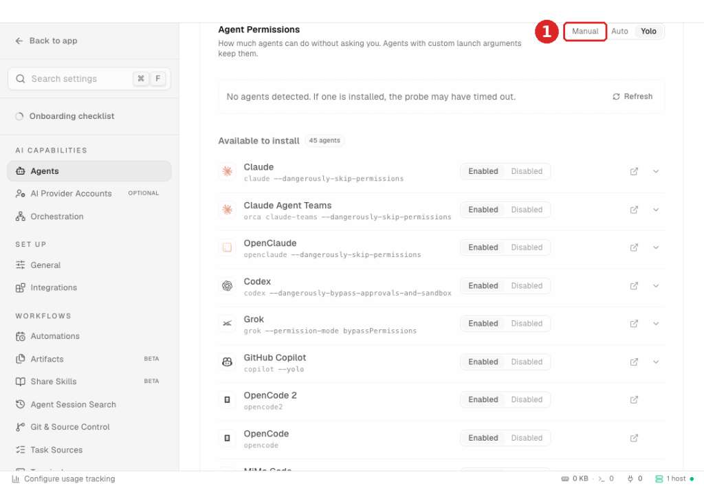 Orca-Einstellungen Agents mit Agent Permissions auf Yolo und der Agentenliste, Claude mit der Startzeile claude --dangerously-skip-permissions