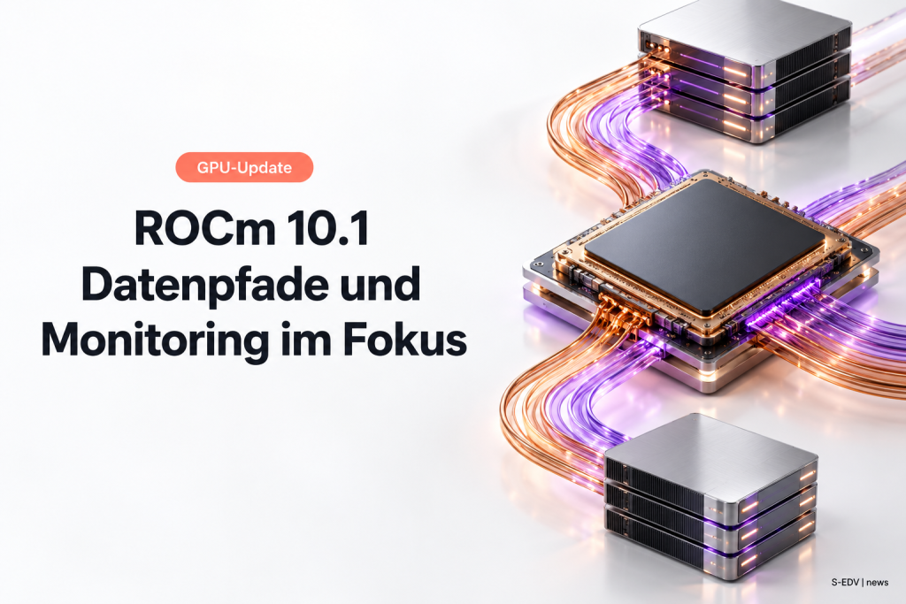 ROCm 10.1: Datenpfade und Monitoring im Fokus, dargestellt durch einen GPU-Chip und Speicherverbindungen