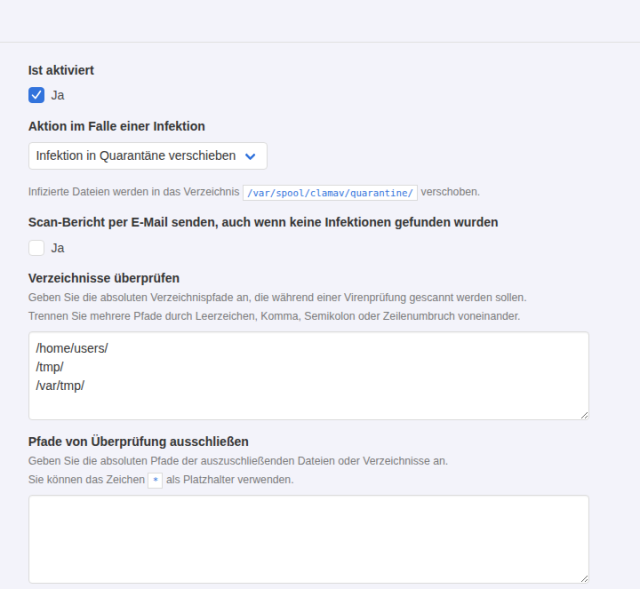 KeyHelp Konfiguration Antivirus-Scanner mit aktiviertem Scanner, Aktion Infektion in Quarantäne verschieben und den Pfaden /home/users/, /tmp/ und /var/tmp/