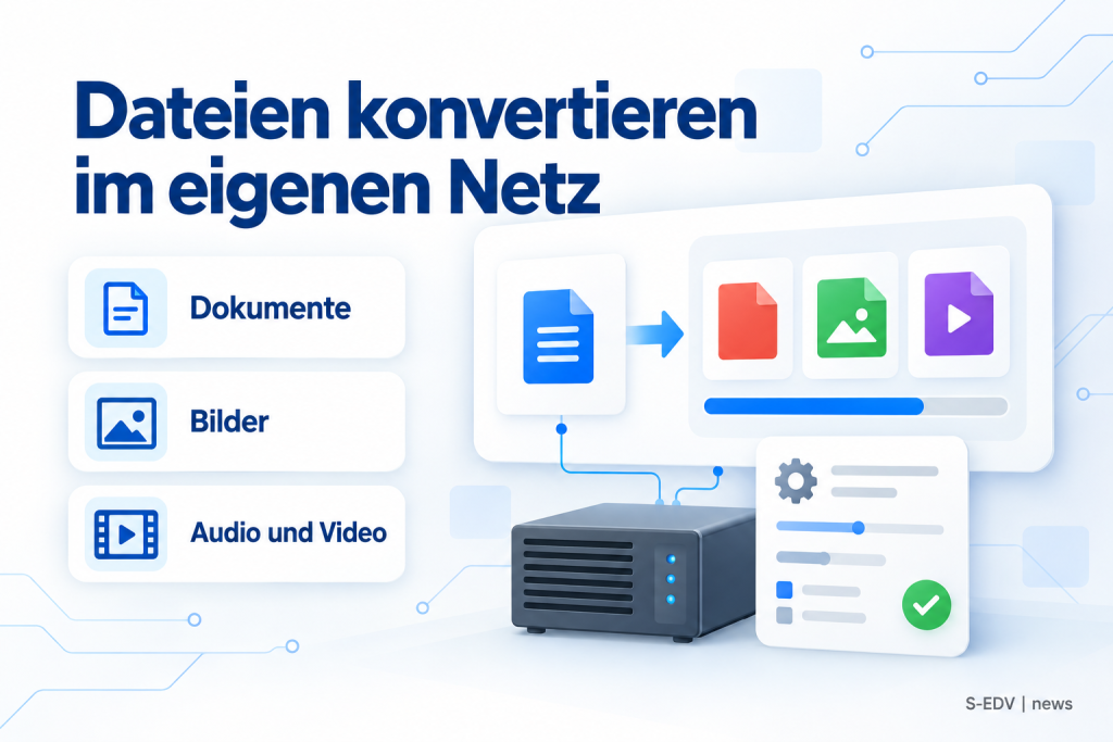 Hero-Grafik: Headline Dateien konvertieren im eigenen Netz, drei Karten Dokumente, Bilder, Audio und Video, rechts schematischer Dateikonverter mit Server