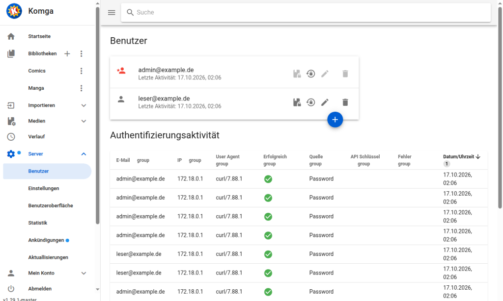 Komga-Benutzerverwaltung mit zwei Konten und Tabelle der Anmeldeversuche