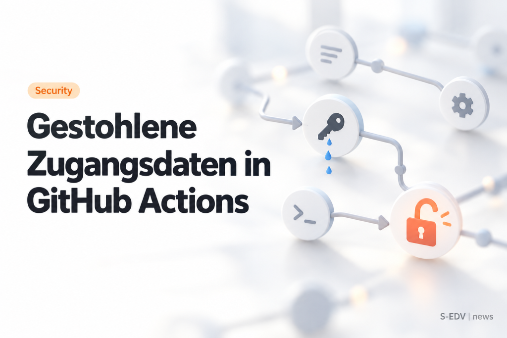 Helle Illustration einer Workflow-Pipeline aus verbundenen Knoten, aus der ein Schlüssel tropft und die in einem geöffneten orangefarbenen Vorhängeschloss endet, daneben die Überschrift Gestohlene Zugangsdaten in GitHub Actions