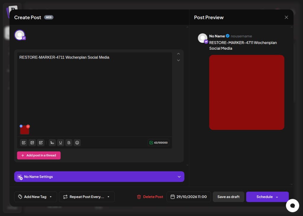 Postiz-Editor mit Beitragstext, angehängtem Bild, Vorschau und den Schaltflächen Save as draft und Schedule