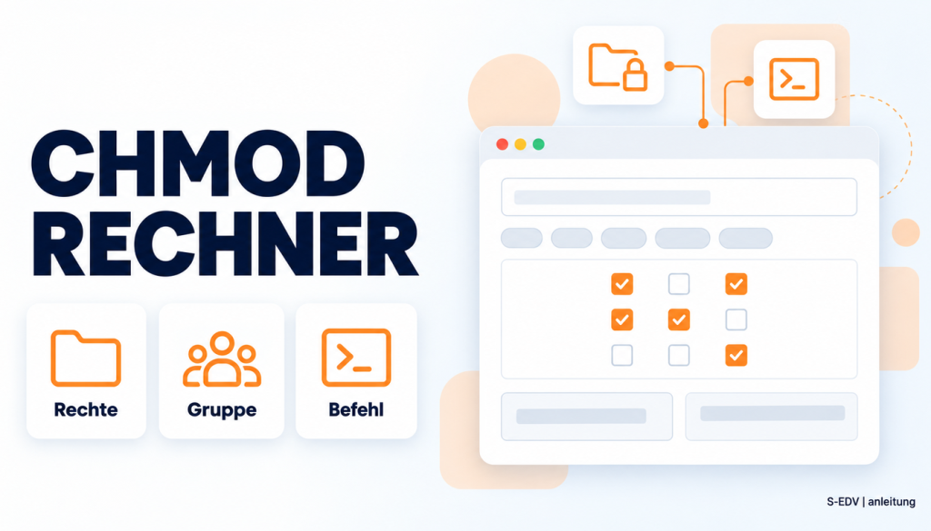 Illustration des chmod-Rechners: Browserfenster mit Rechtematrix aus Häkchen und Ergebnisfeldern für Oktal und Symbolik