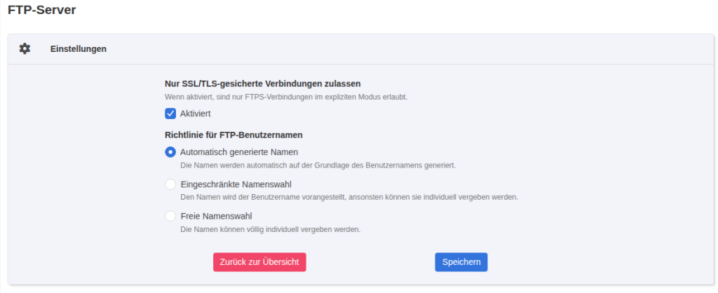 KeyHelp-Konfiguration FTP-Server mit aktivierter Option Nur SSL/TLS-gesicherte Verbindungen zulassen und der Richtlinie Automatisch generierte Namen
