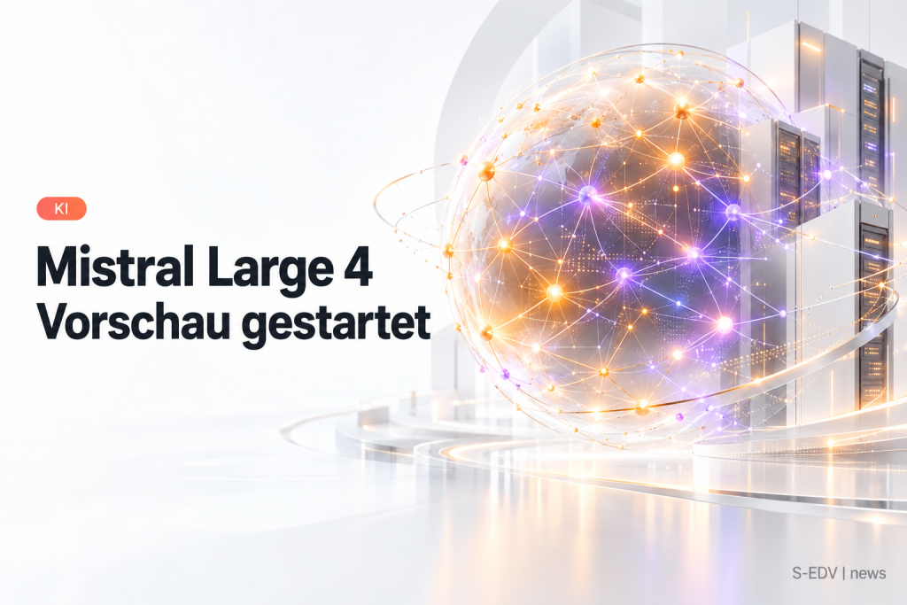 Helles KI-Netzwerkmotiv mit der Überschrift Mistral Large 4, Vorschau gestartet
