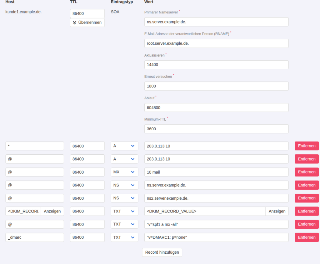 KeyHelp DNS-Editor mit der Zone kunde1.example.de: SOA-Werte, A-, MX- und NS-Einträge sowie TXT-Einträge für DKIM-Platzhalter, SPF und DMARC