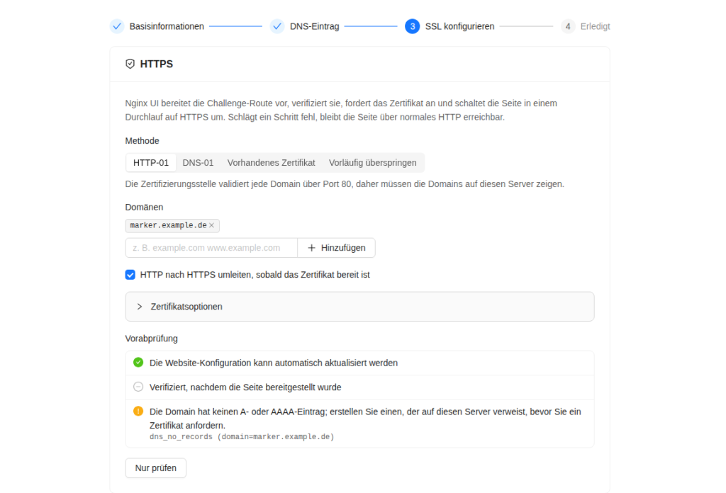 Nginx UI HTTPS-Schritt mit Methode HTTP-01 und Vorabprüfung dns_no_records