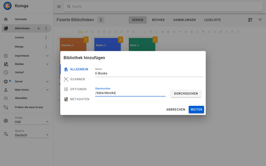 Komga-Dialog Bibliothek hinzufügen mit Name E-Books und Stammordner /data/ebooks