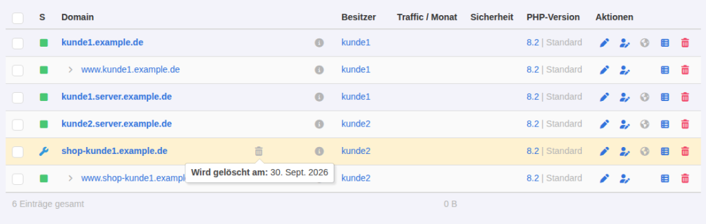 KeyHelp-Domainliste mit Papierkorbsymbol und Tooltip Wird gelöscht am 30. Sept. 2026 bei shop-kunde1.example.de