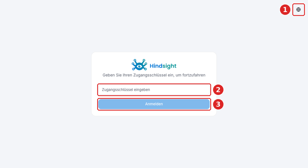 Anmeldeseite der Hindsight-Weboberfläche mit Feld für den Zugangsschlüssel und Knopf Anmelden