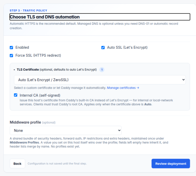 CaddyUI Schritt 3 Traffic Policy mit Auto SSL, Force SSL und der Option Internal CA