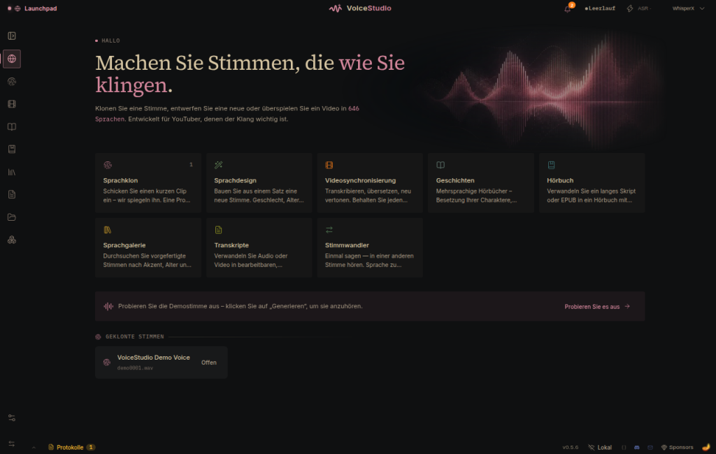 Startseite Launchpad von VoiceStudio mit den Bereichen Sprachklon, Sprachdesign und Hörbuch
