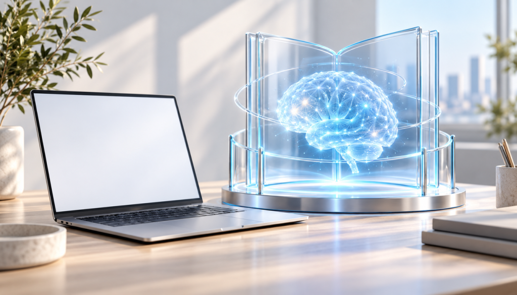 Laptop auf hellem Schreibtisch neben holografischem Gehirn in einer gläsernen Vitrine, im Hintergrund Stadtansicht