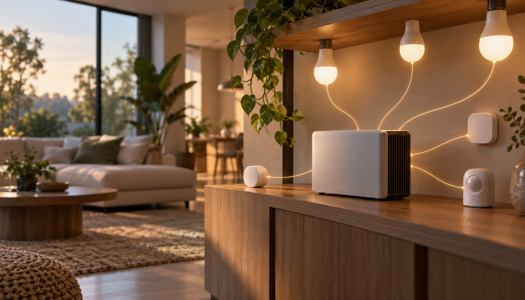 Weiße Smart Home Zentrale auf einem Sideboard, verbunden mit leuchtenden Glühbirnen und Sensoren im Wohnzimmer