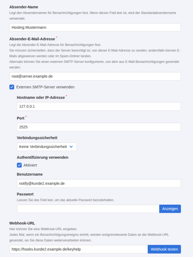 KeyHelp Benachrichtigungen, Allgemeine Einstellungen nach dem Import mit externem SMTP-Server 127.0.0.1 Port 2525, Benutzername und Webhook-URL