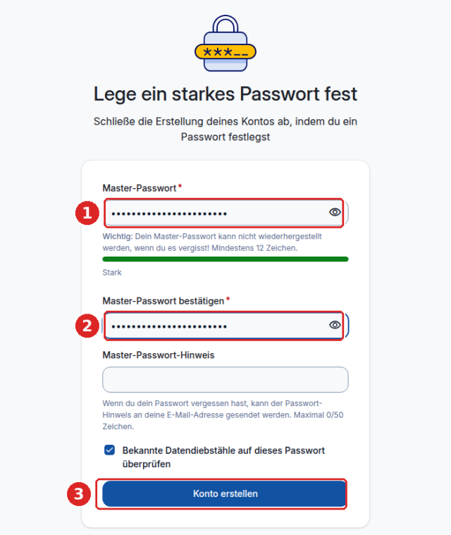 Vaultwarden-Web-Vault, starkes Passwort festlegen: Feld Master-Passwort (1), Feld Master-Passwort bestätigen (2) und Schaltfläche Konto erstellen (3)