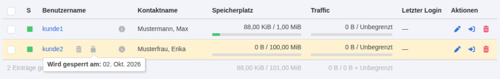 KeyHelp-Kundenliste mit Schloss- und Mülleimer-Symbol bei kunde2 und eingeblendetem Hinweis Wird gesperrt am 02. Okt. 2026