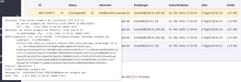 Tooltip in der KeyHelp-Warteschlange mit den Kopfzeilen einer zurückgestellten Mail: Received-Zeilen, DKIM-Signatur, Betreff Newsletter 3, Absender und Message-Id