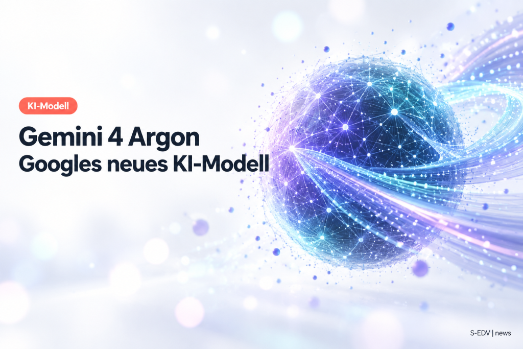 Abstrakte leuchtende Netzwerk-Sphäre mit Datenband, links die Überschrift Gemini 4 Argon, Googles neues KI-Modell