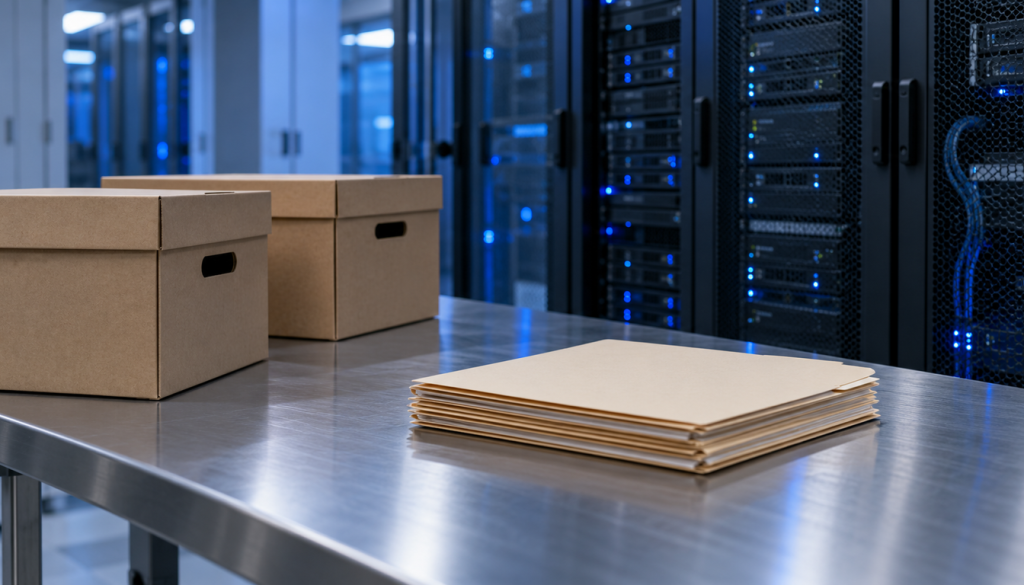 Server-Rack mit blauen Status-LEDs, davor Archivboxen und Aktenmappen auf einem Stahltisch