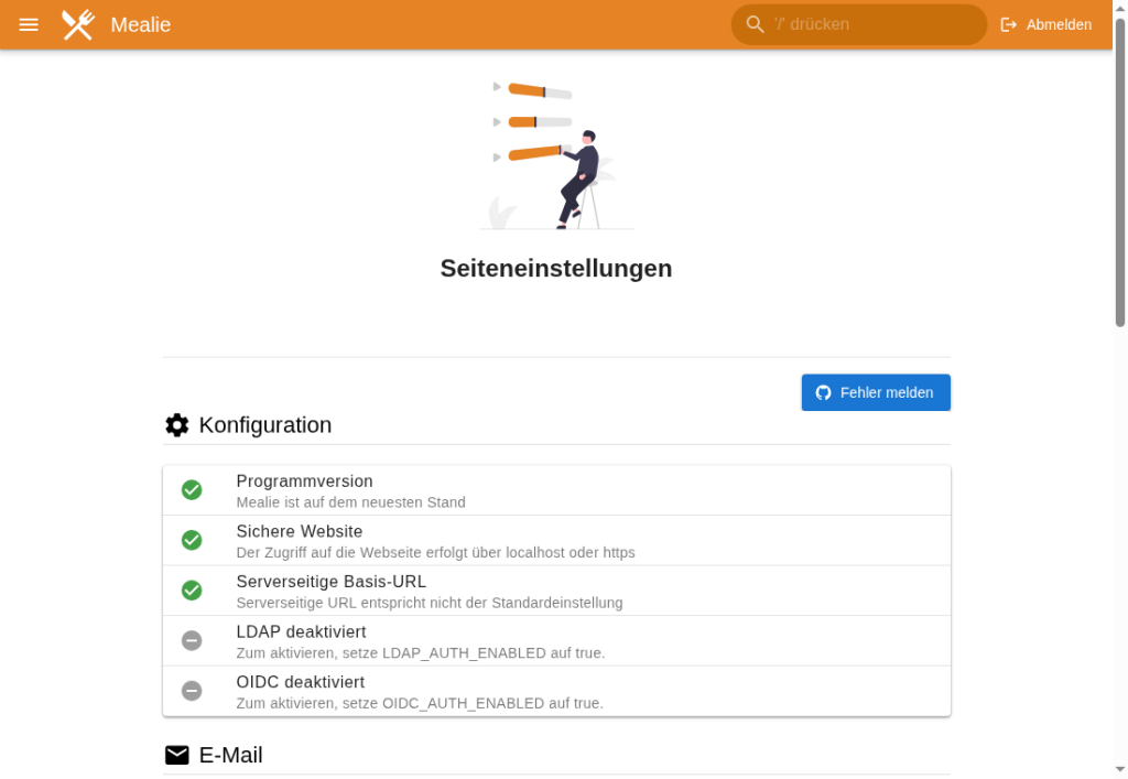 Mealie-Administration, Seite Seiteneinstellungen, mit Konfigurationsprüfung zu Version, sicherem Zugriff und Basis-URL