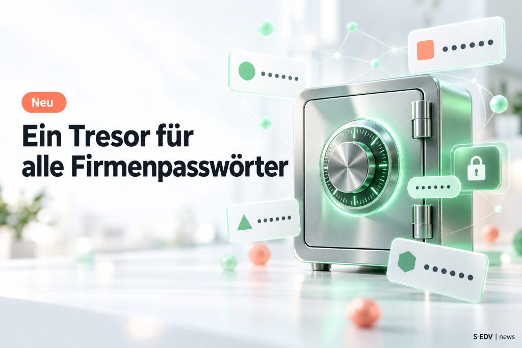 Digitaler Tresor mit Passwortkarten und der Überschrift Ein Tresor für alle Firmenpasswörter