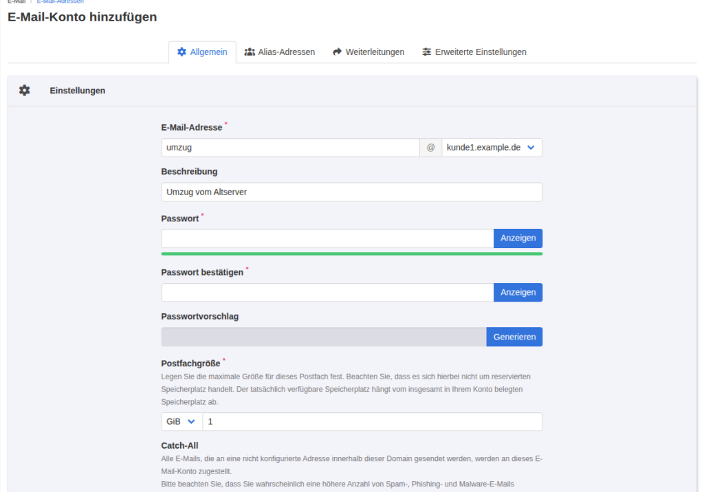 KeyHelp Formular E-Mail-Konto hinzufügen mit E-Mail-Adresse umzug at kunde1.example.de, Beschreibung Umzug vom Altserver, leeren Passwortfeldern, Passwortvorschlag mit Schaltfläche Generieren und Postfachgröße 1 GiB