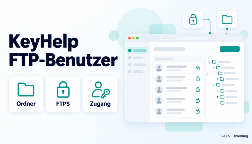 Illustration eines Hosting-Panels mit der Überschrift FTP-Benutzer und den Karten Ordner, FTPS, Zugang