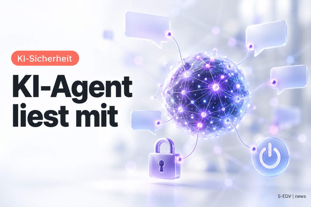 Abstrakte KI-Netzwerkkugel, verbunden mit leeren Chatblasen, Schloss und Ein-Aus-Symbol, daneben die Überschrift KI-Agent liest mit