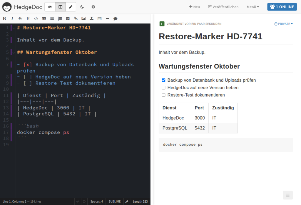 HedgeDoc-Editor in geteilter Ansicht: links Markdown-Quelltext mit Überschrift, Checkliste, Tabelle und Codeblock, rechts die gerenderte Vorschau