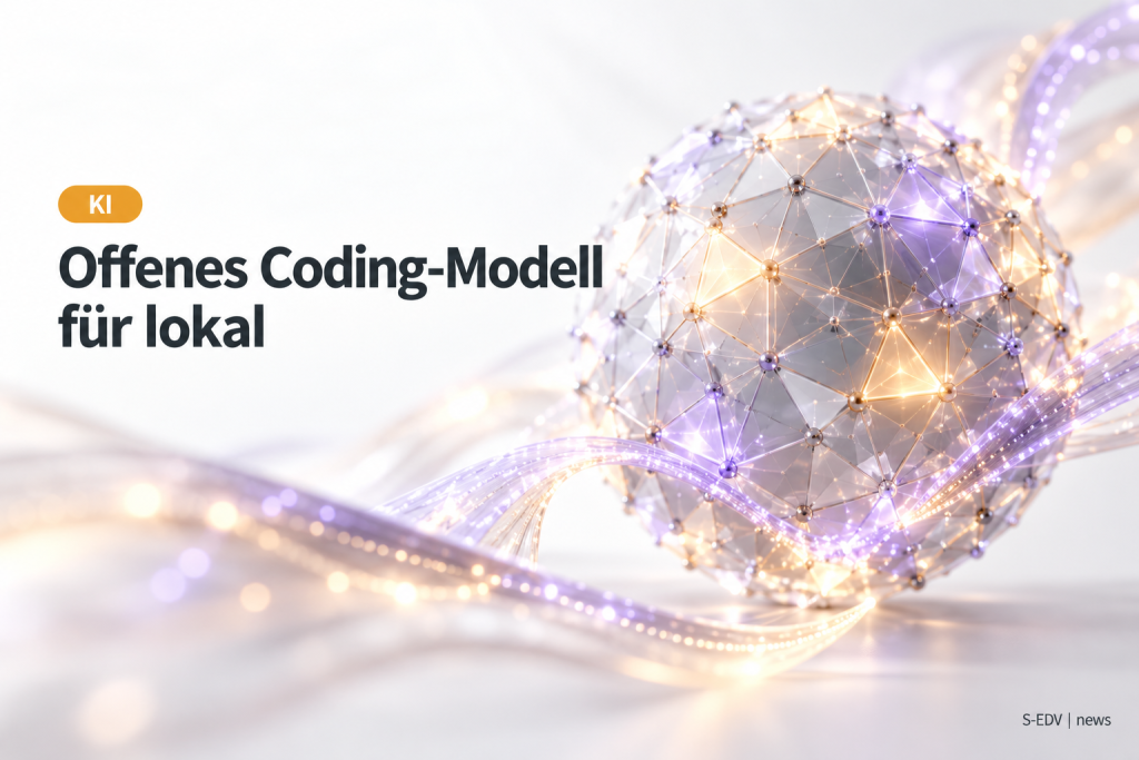 Symbolbild: leuchtende facettierte Netzwerkkugel mit Lichtbändern, daneben die Überschrift Offenes Coding-Modell für lokal