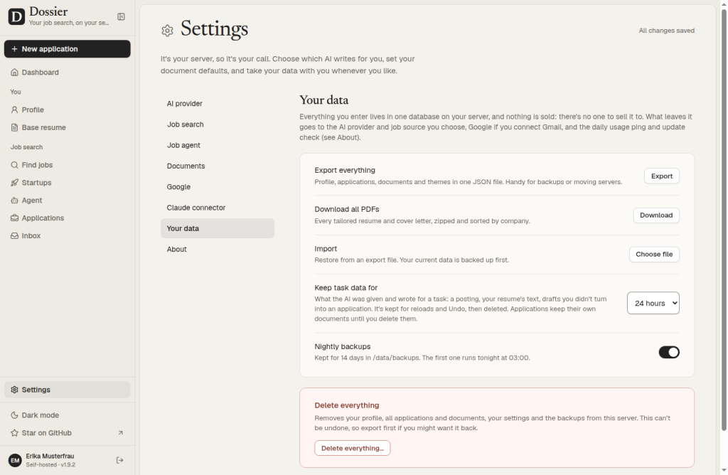 Dossier-Einstellungen Your data mit Export, Import und nächtlichen Sicherungen