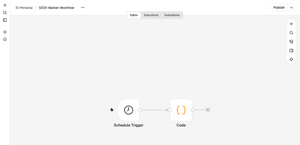n8n 3.0 Workflow-Editor mit einem Schedule Trigger, der mit einem Code-Node verbunden ist