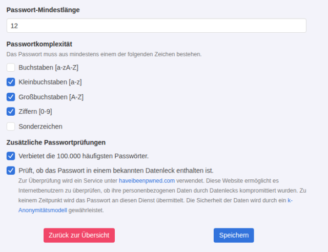 KeyHelp Passwort-Richtlinie mit Mindestlänge 12, Haken bei Kleinbuchstaben, Großbuchstaben und Ziffern sowie den Prüfungen gegen häufige und geleakte Passwörter
